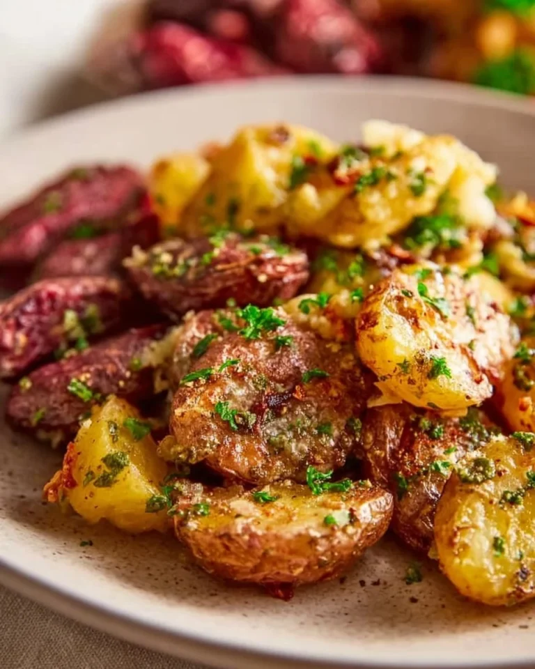 Delicious baked smashed fingerling potatoes served with herbs and spices.