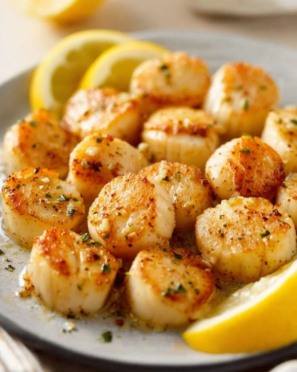 Delicious boiled scallops served with lemon and herbs