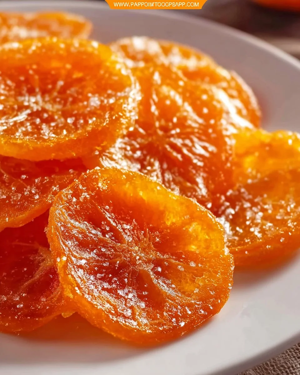 Delicious candied orange slices on a plate, perfect for desserts and snacks.
