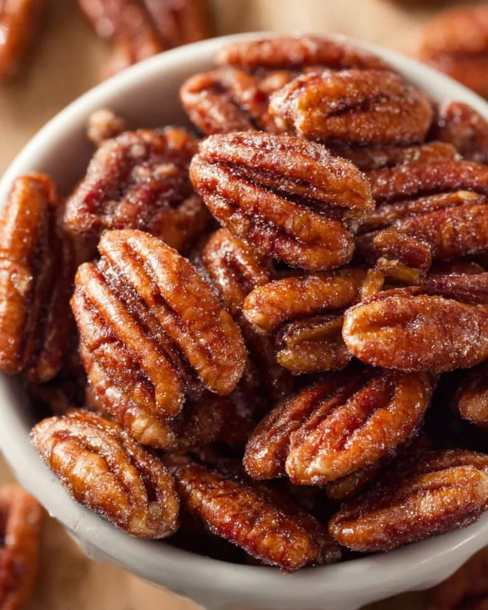 A bowl of delicious homemade candied pecans with a sweet glaze.