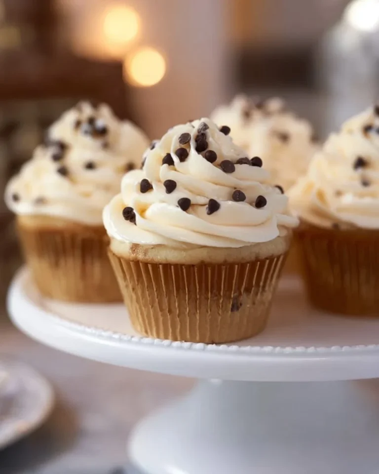 Delicious cannoli cupcakes topped with creamy filling and chocolate chips