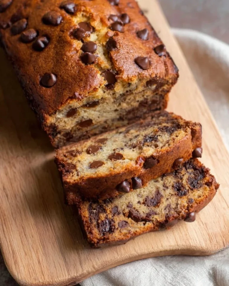 Slice of chocolate chip banana bread with chocolate chunks and banana slices