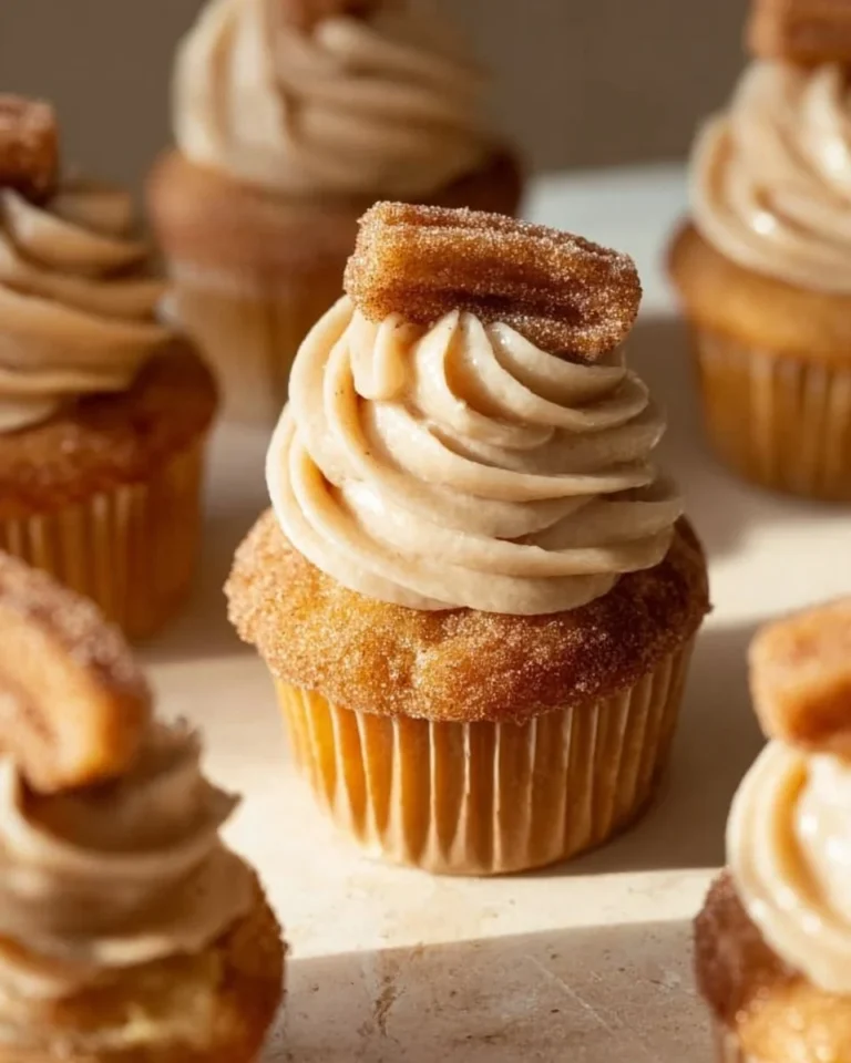 Churro cupcakes with cinnamon cream cheese frosting on a white plate