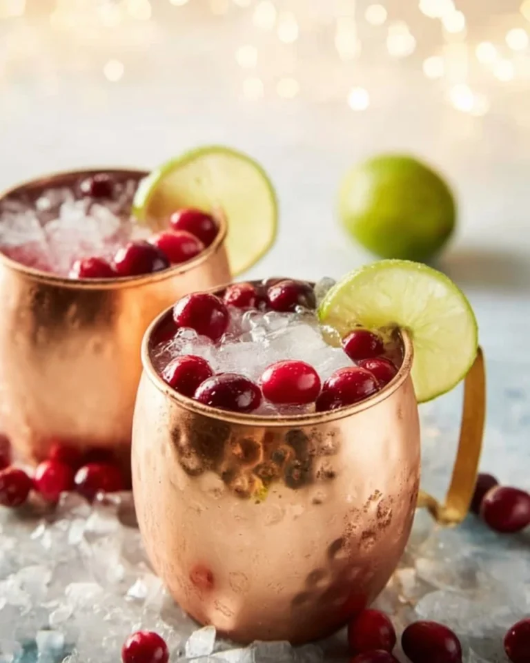 A refreshing Cranberry Moscow Mule cocktail served in a copper mug.