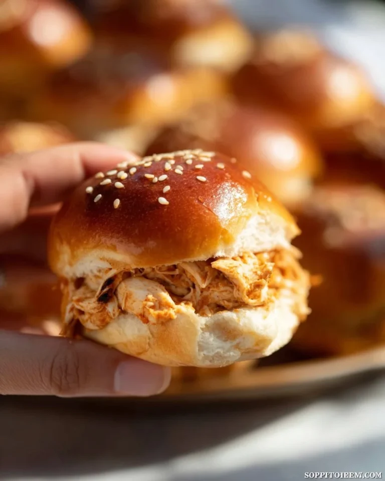 Creamy chipotle chicken sliders served on a plate, garnished with fresh herbs.