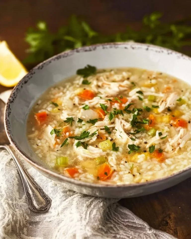 Bowl of Greek Turkey and Rice Soup with fresh herbs and lemon