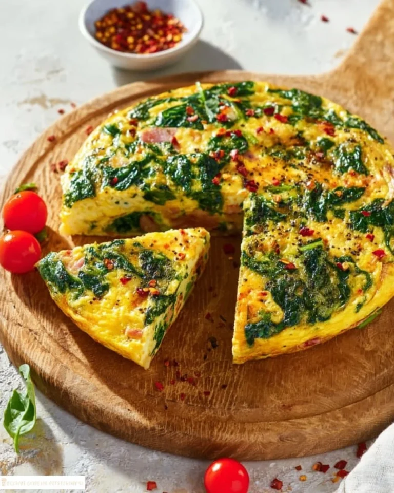 Ham and spinach frittata served on a plate with fresh herbs