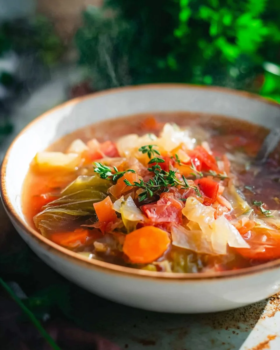 Bowl of healthy cabbage soup with fresh vegetables and herbs