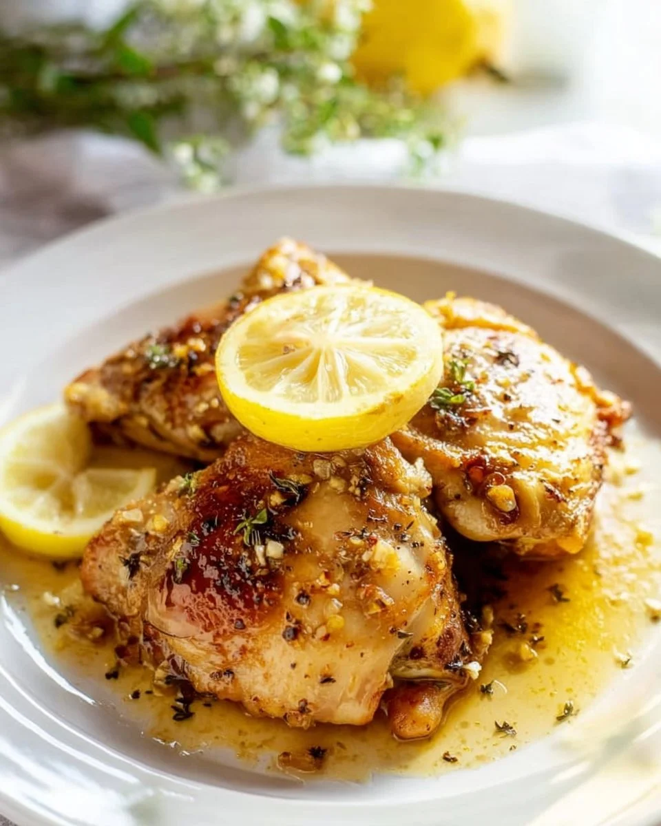 Lemon Butter Garlic Chicken Thighs served with fresh herbs and a side of vegetables