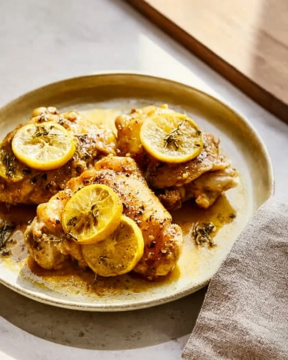 Plate of Lemon Butter Garlic Chicken Thighs with herbs and lemon slices