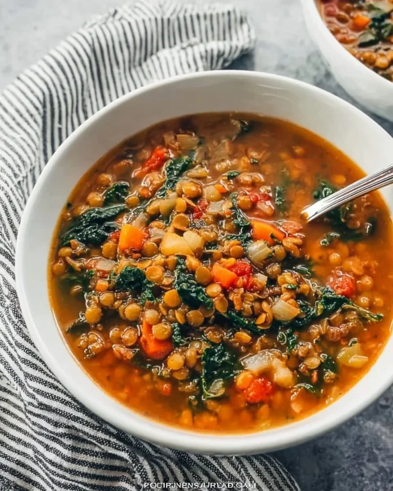 Bowl of Lentil Kale Soup garnished with fresh herbs and spices