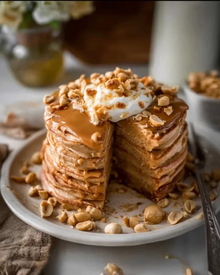 Stack of maple peanut butter pancakes topped with syrup and nuts