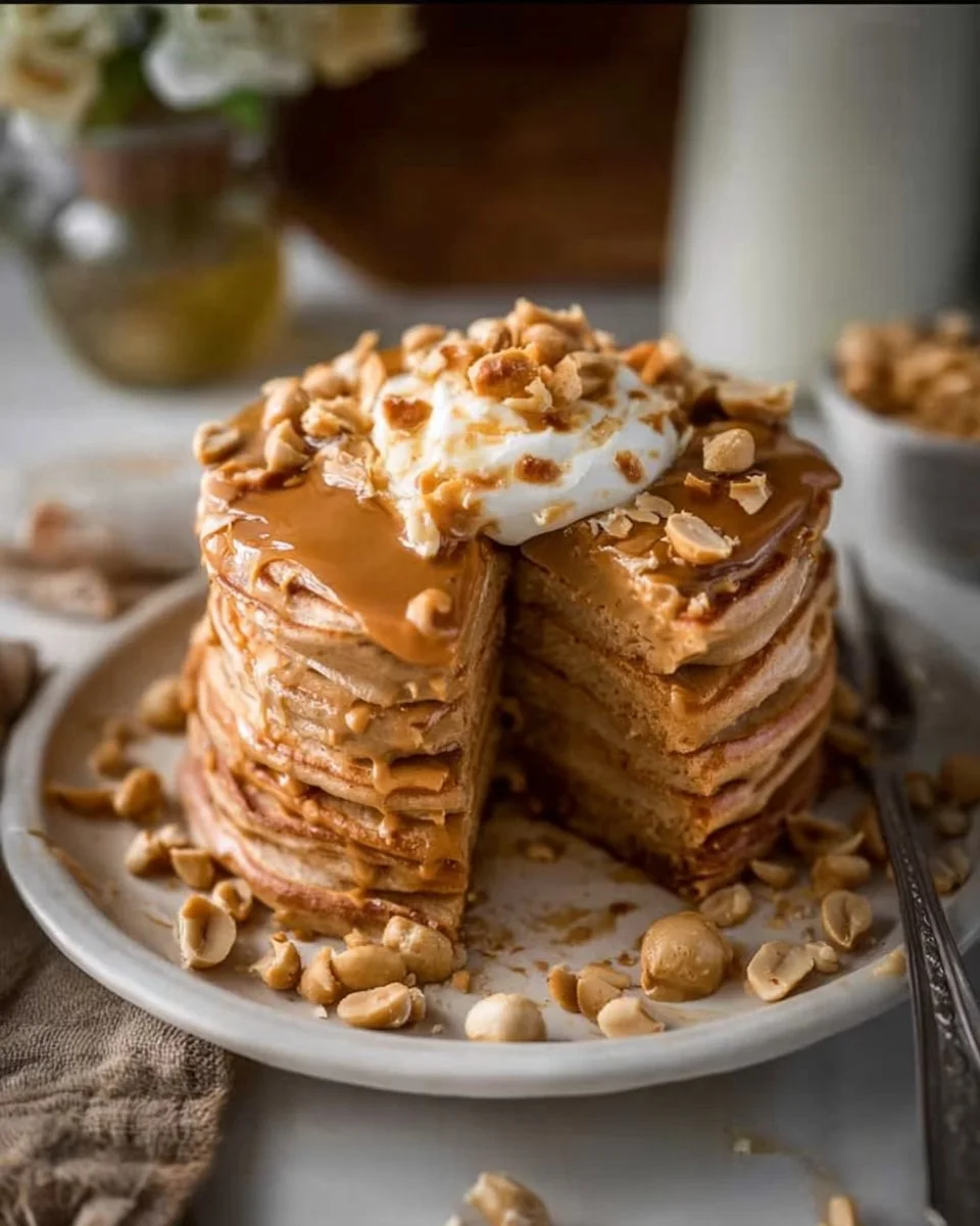 Stack of maple peanut butter pancakes topped with syrup and nuts