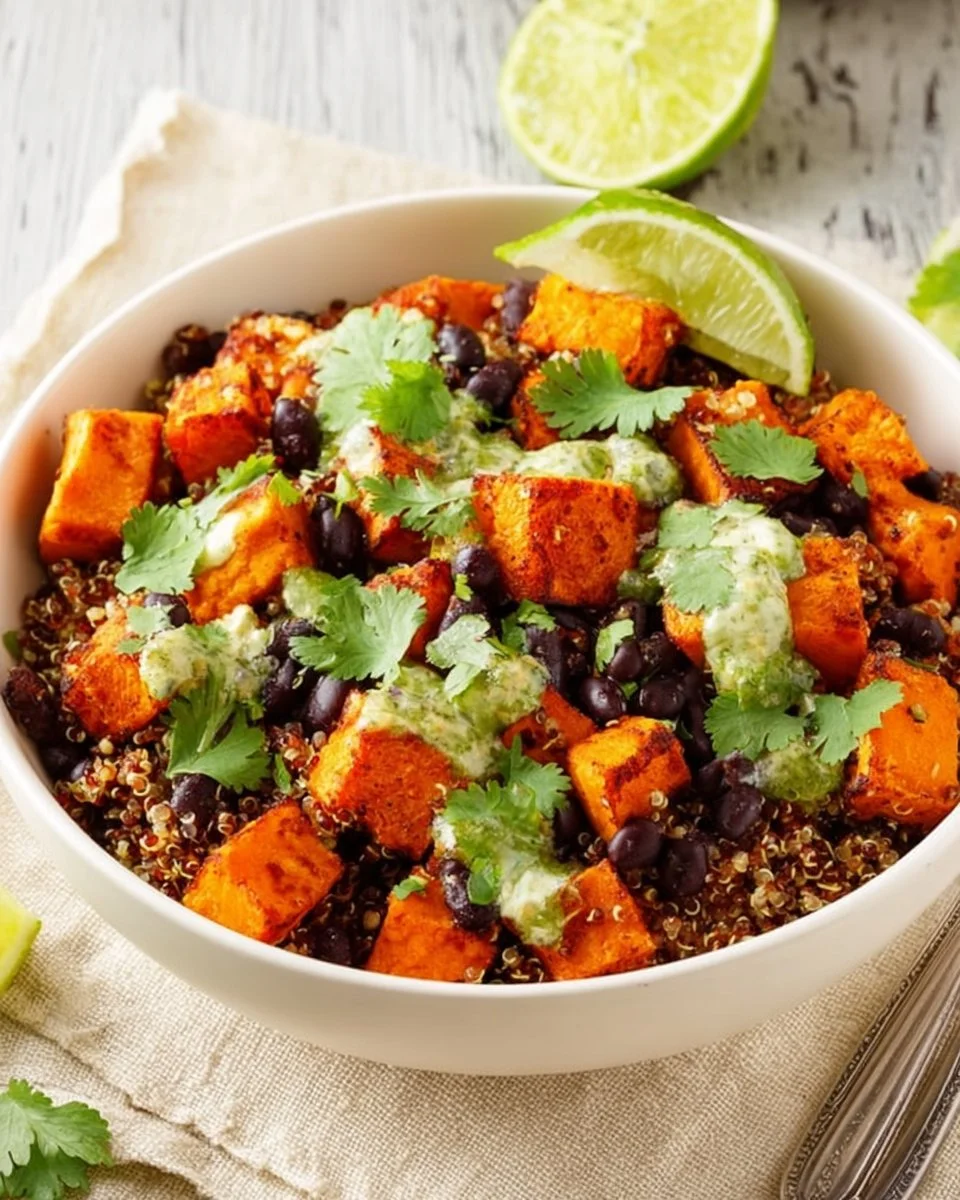 Quinoa and sweet potato bowl garnished with fresh herbs and toppings