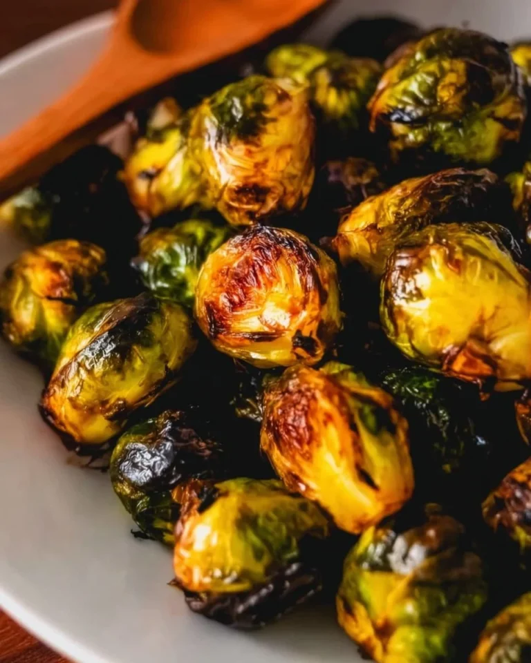 Bowl of roasted Brussels sprouts drizzled with balsamic glaze