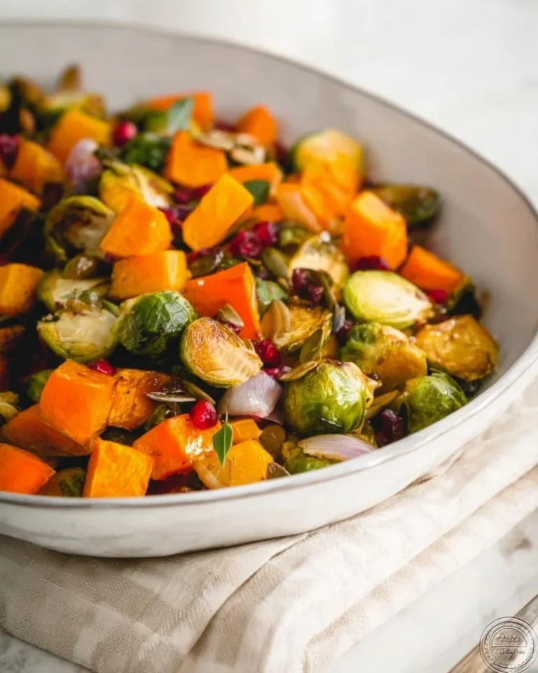 Roasted butternut squash and Brussels sprouts served in a bowl