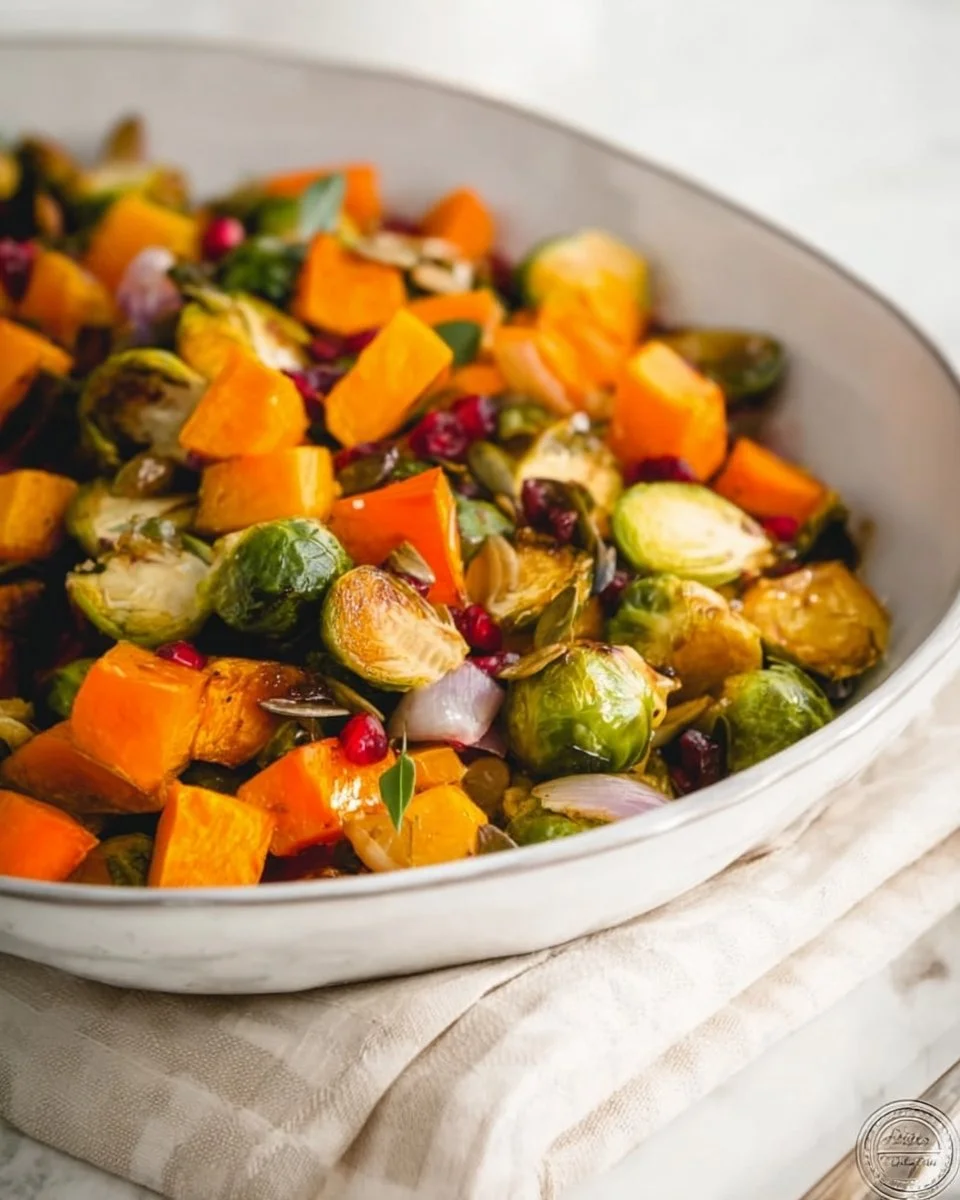 Roasted butternut squash and Brussels sprouts served in a bowl