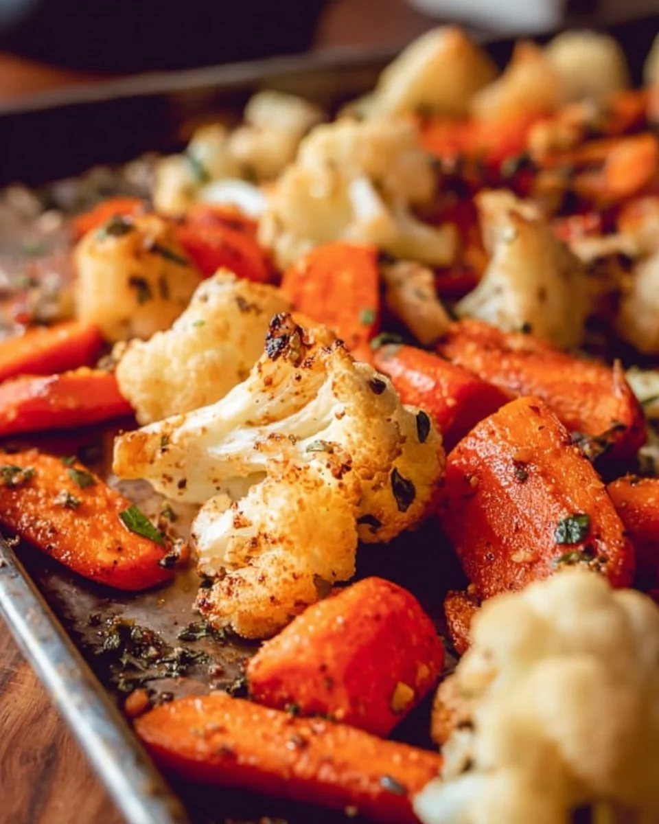 Plate of roasted carrots and cauliflower with herbs, perfect side dish.