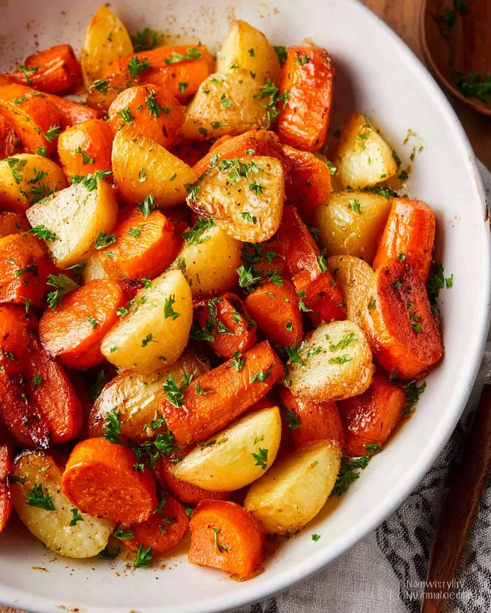 Delicious roasted turnips and carrots served as a healthy side dish