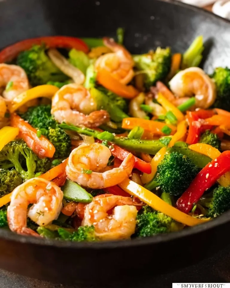 Shrimp and vegetable stir fry in a colorful bowl, healthy and quick meal.