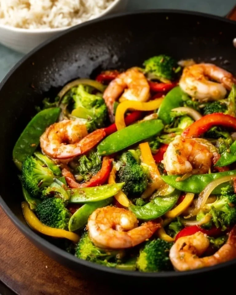 Colorful shrimp and vegetable stir fry in a skillet