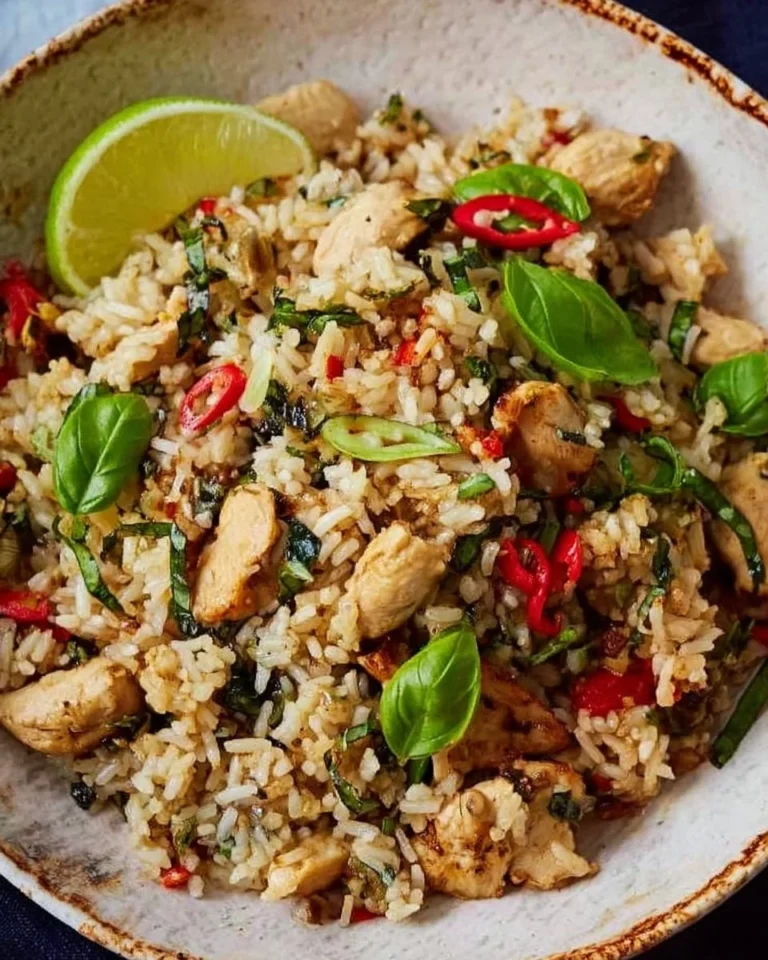 Delicious Thai Basil Fried Rice with vibrant vegetables and fresh herbs