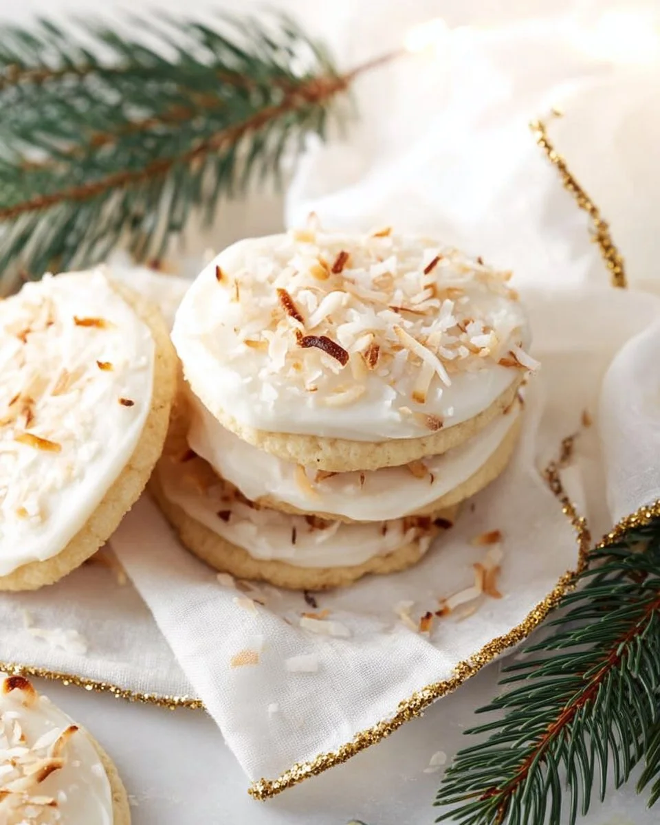 Toasted coconut soft sugar cookies topped with golden brown coconut flakes.