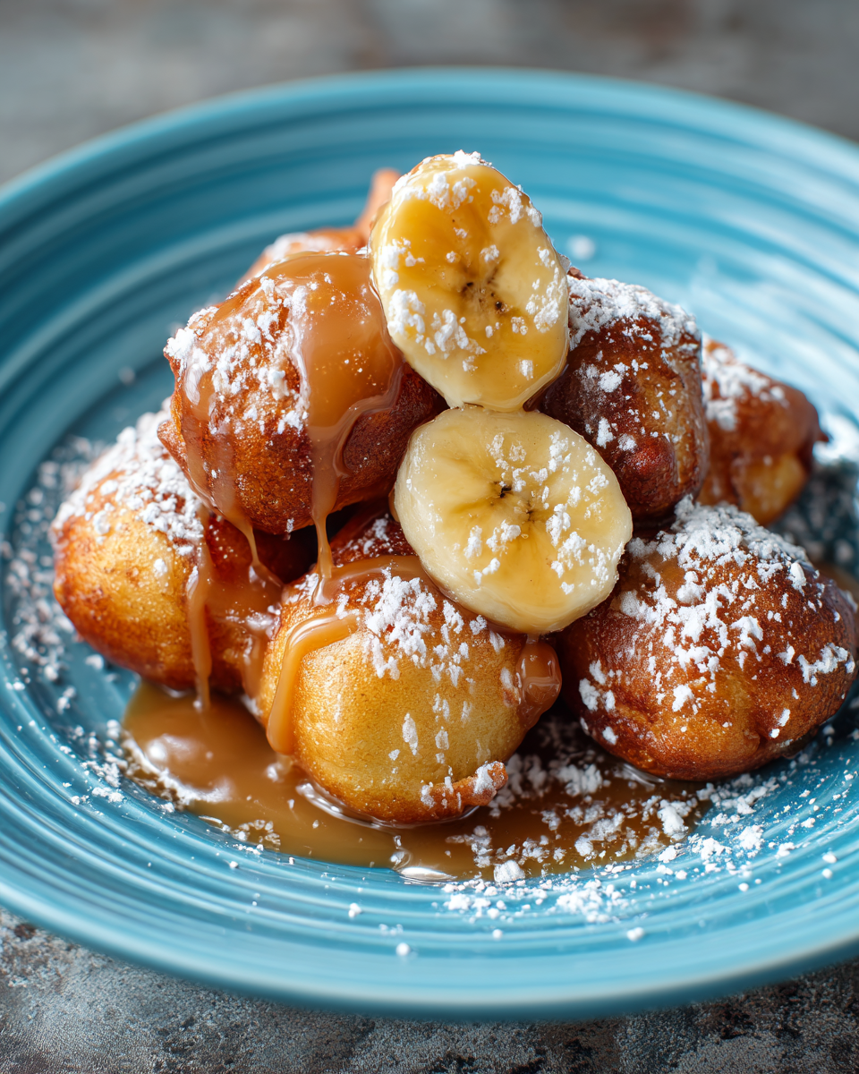 golden brown banana fritters with vanilla glaze