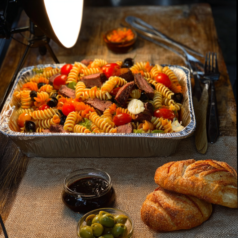 Tri-Colored Rotini Pasta Salad with Cherry Tomatoes and Olives