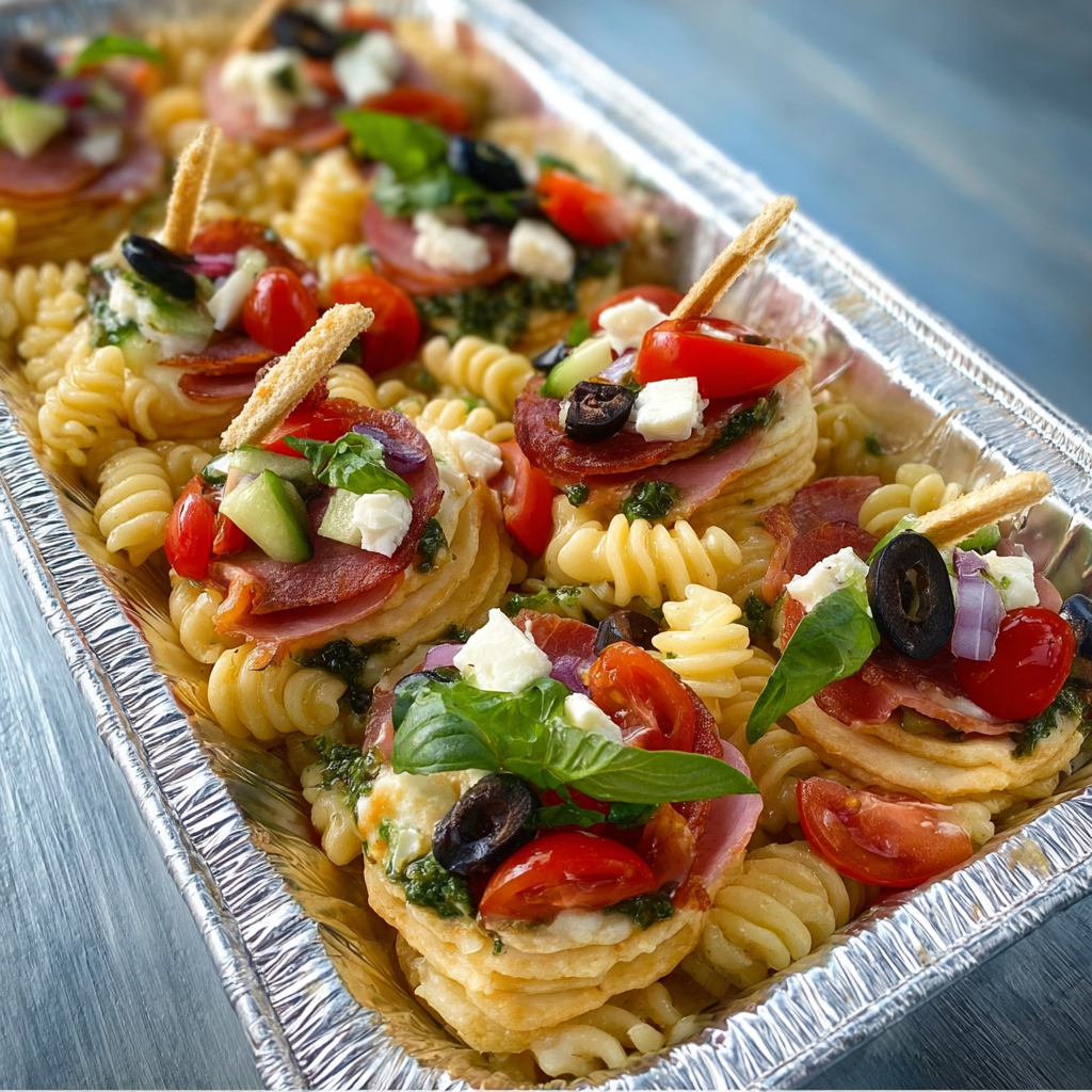 Tri-Colored Rotini Pasta Salad with Cherry Tomatoes and Olives