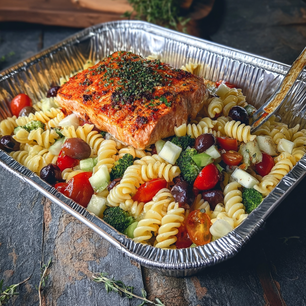 Tri-Colored Rotini Pasta Salad with Cherry Tomatoes and Olives