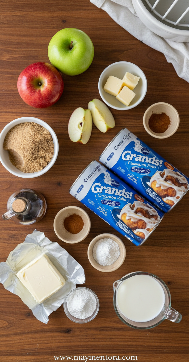 Ingredients for apple cinnamon roll bake showing cinnamon rolls and apple pie filling