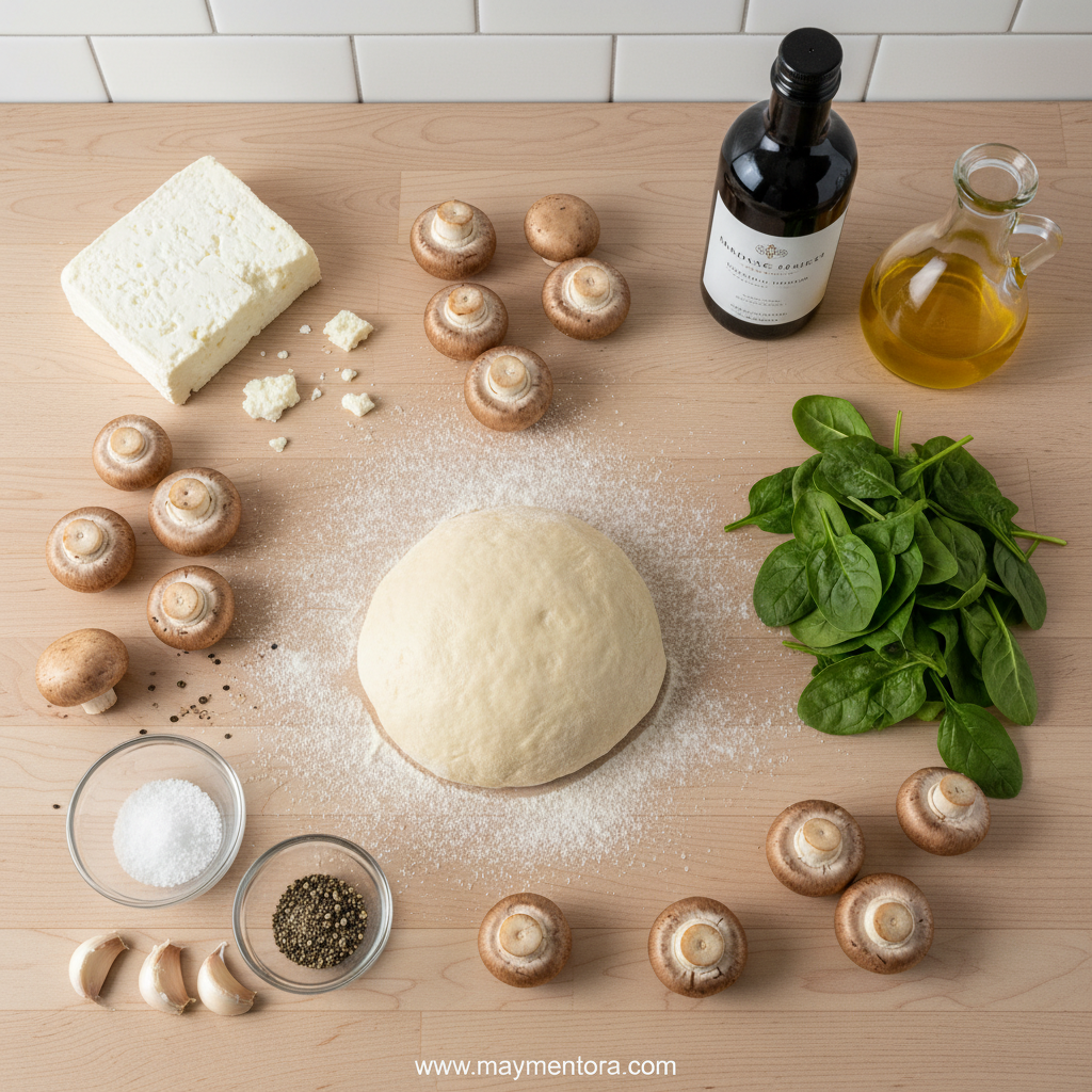 Ingredients for balsamic mushroom goat cheese pizza