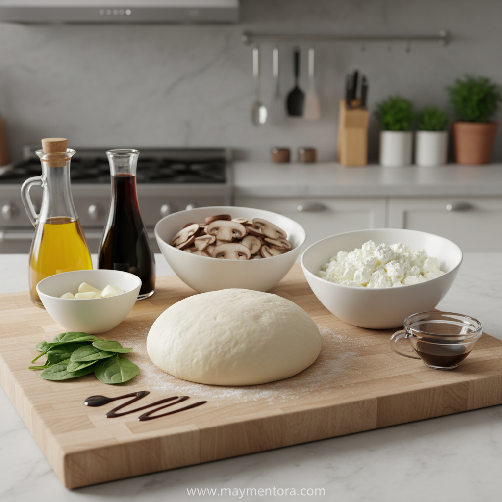 Ingredients for balsamic mushroom goat cheese pizza arranged beautifully