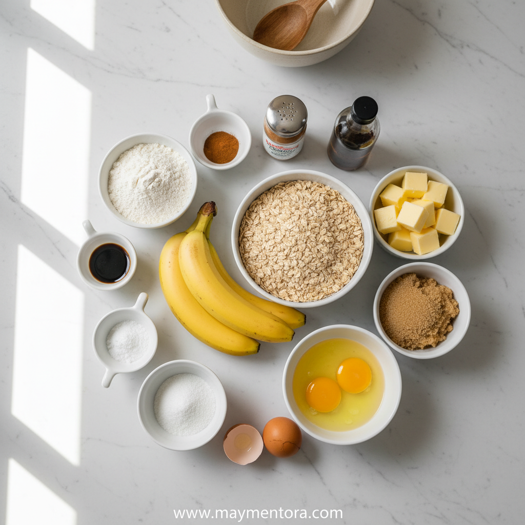 Ingredients for banana oatmeal bars laid out on counter