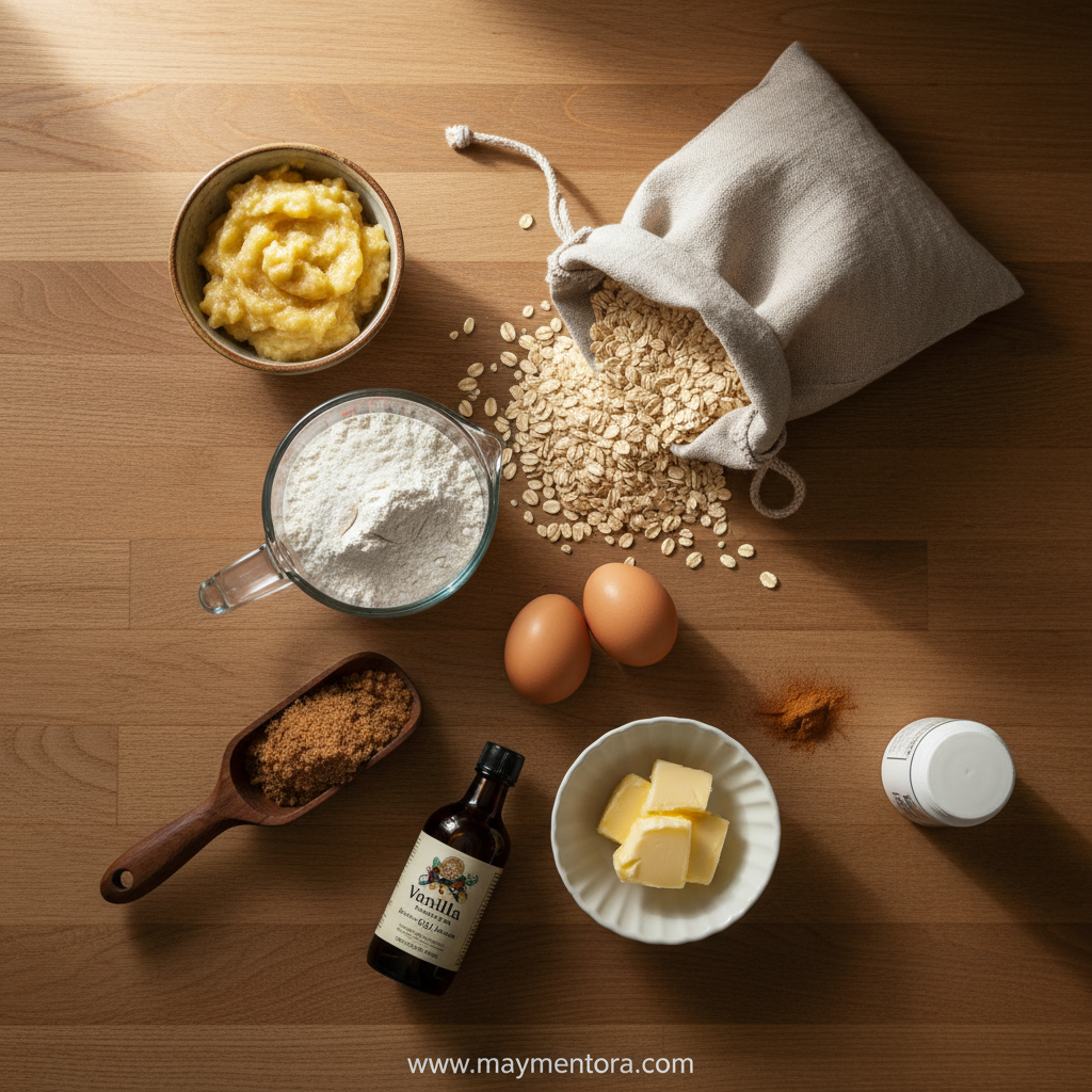 Ingredients for banana oatmeal bars including bananas, oats, and spices