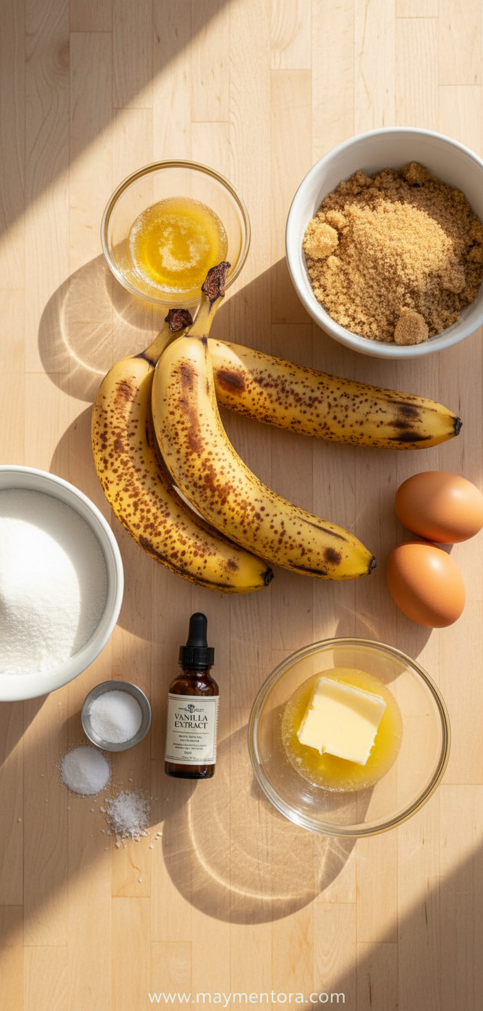Ingredients for moist banana bread including bananas, sour cream, brown sugar, and flour