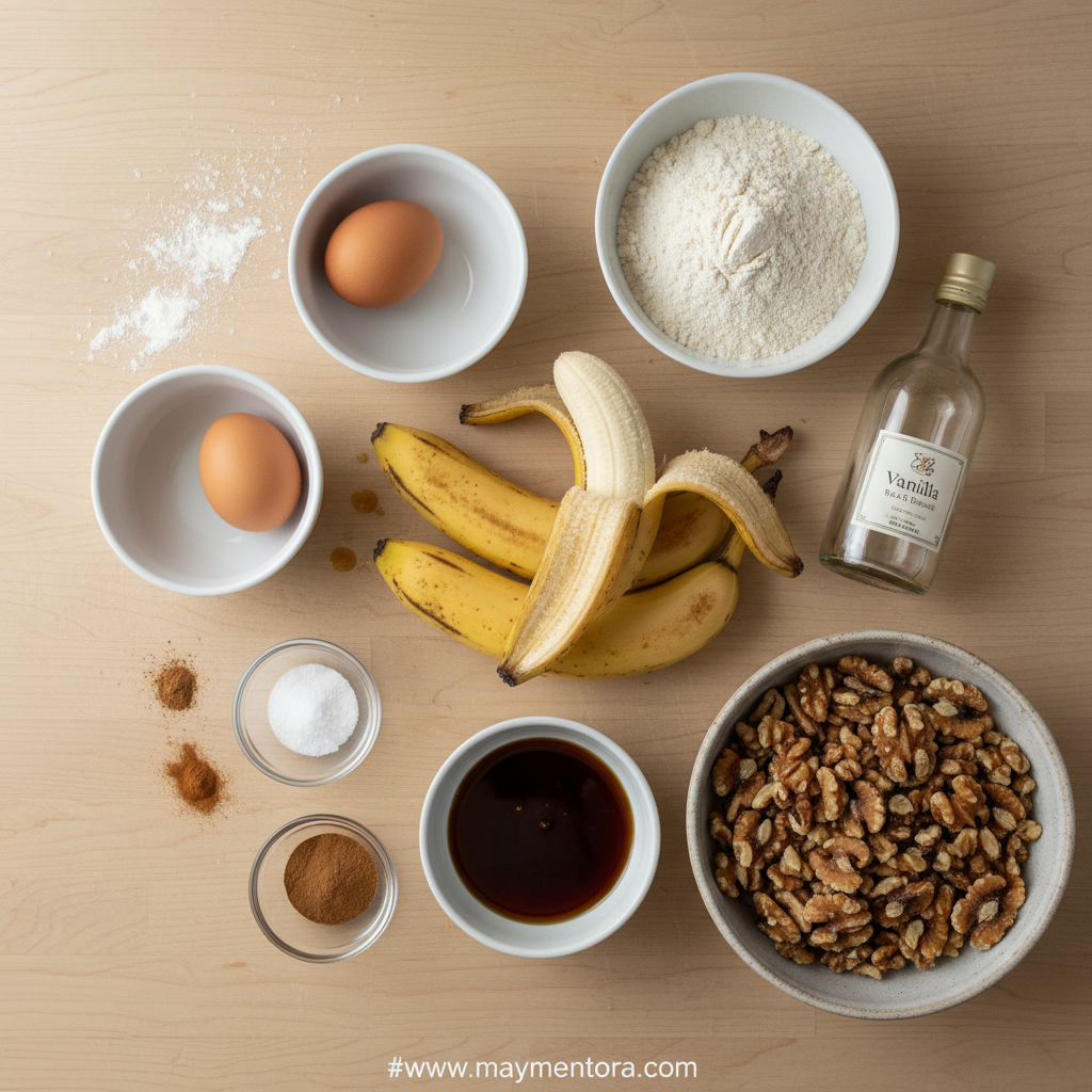 Healthy banana bread ingredients including bananas, whole wheat flour, and natural sweeteners