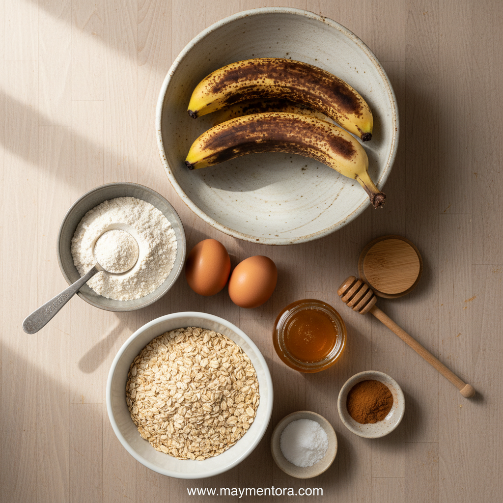 Fresh ingredients for healthy banana bread including bananas, eggs, flour, and natural sweeteners