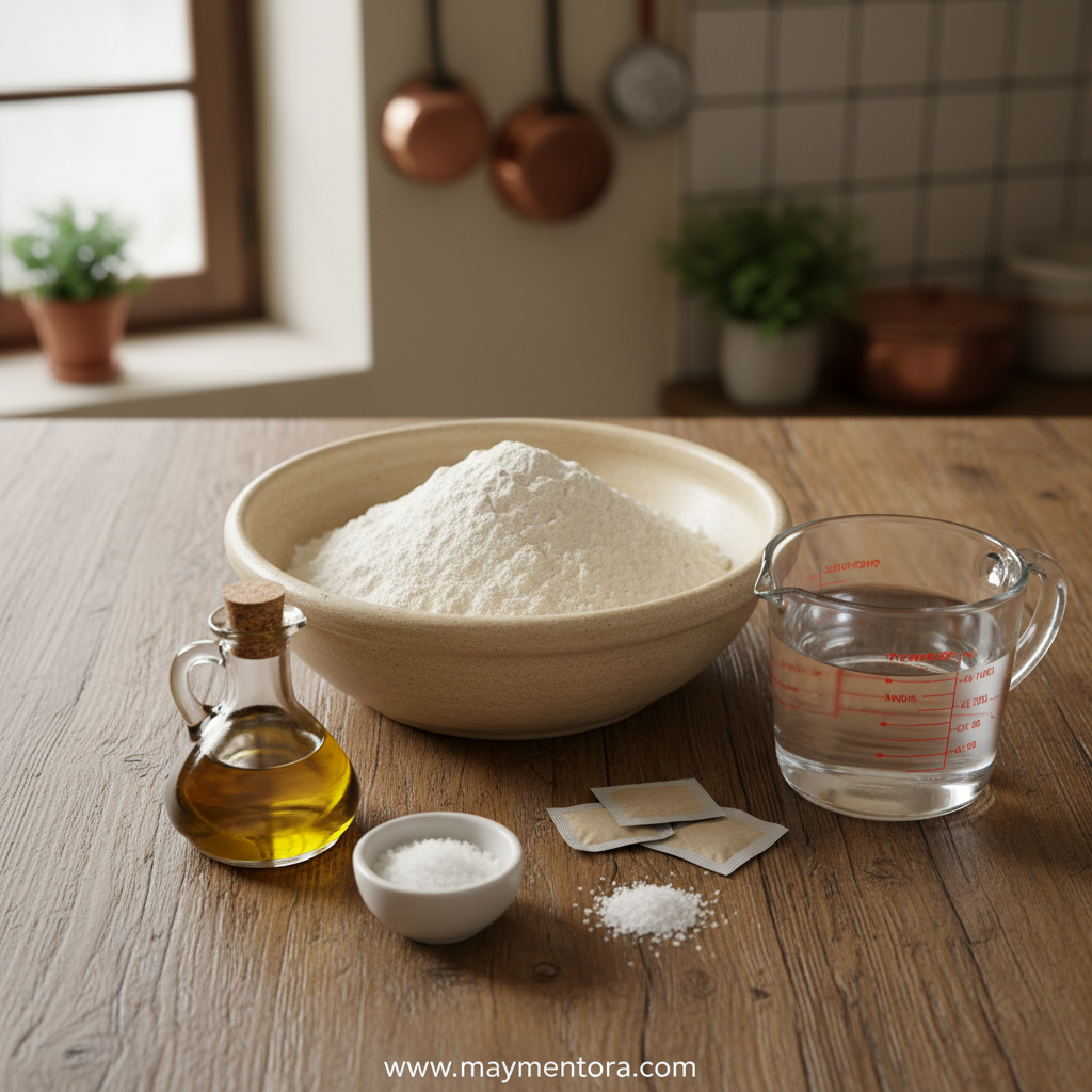 Fresh pizza dough ingredients laid out on counter