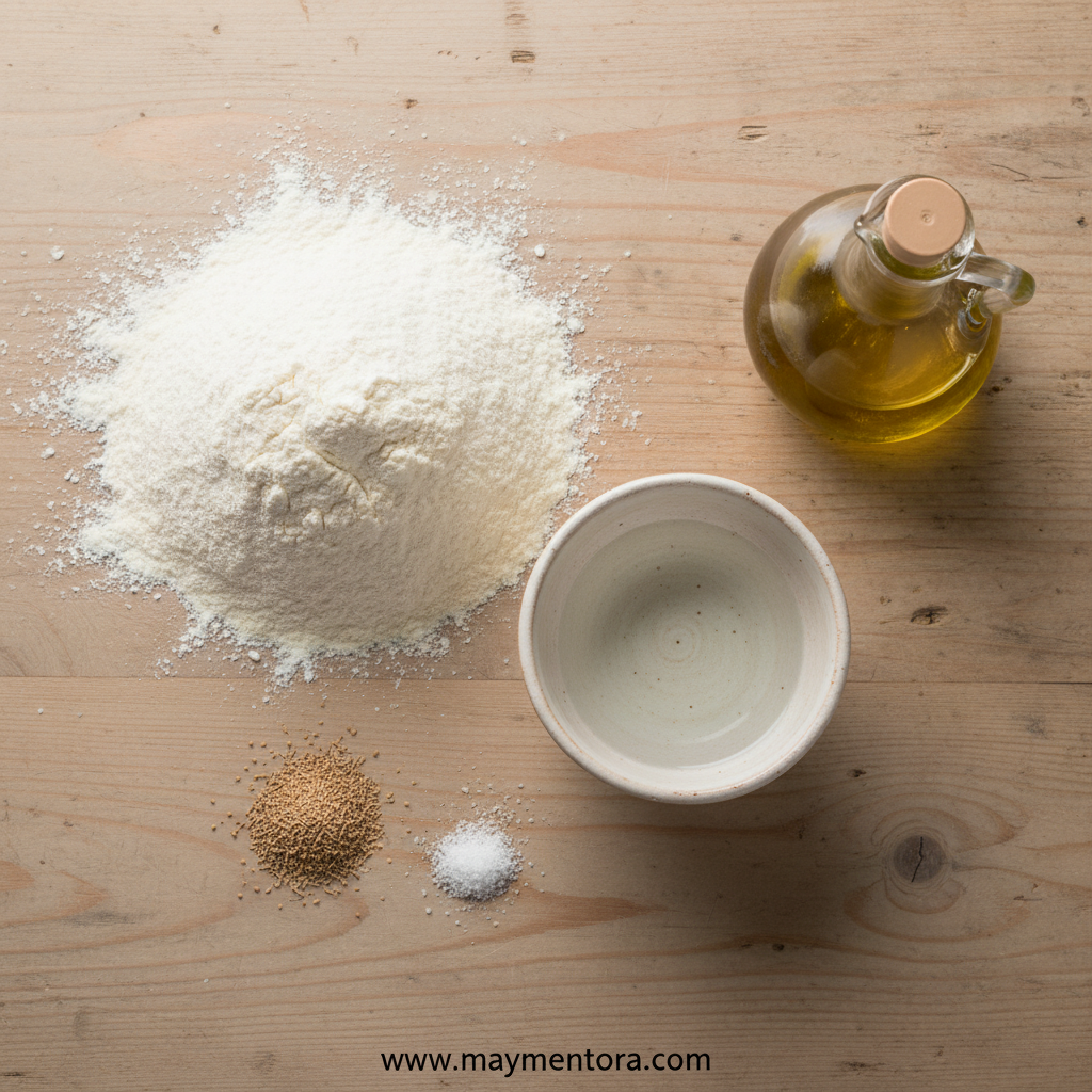 Pizza dough ingredients laid out: flour, yeast, salt, olive oil, sugar