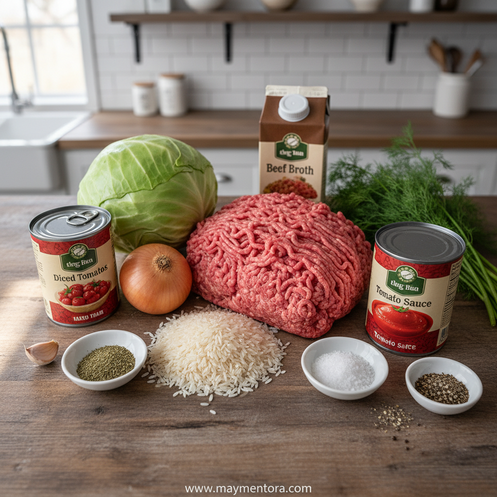 Fresh ingredients for cabbage roll soup including ground beef, cabbage, tomatoes, rice and seasonings