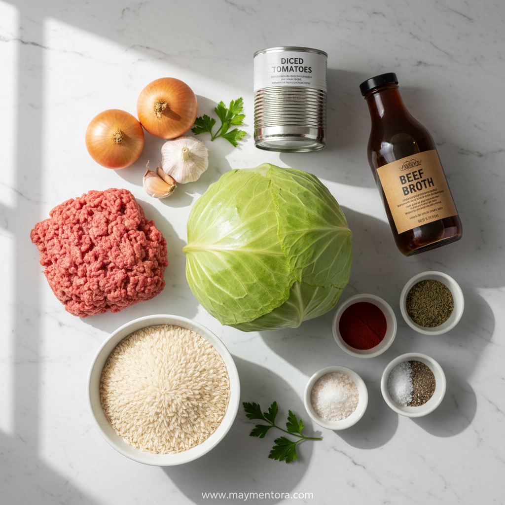 Ingredients for cabbage roll soup including cabbage, ground beef, tomatoes, and spices