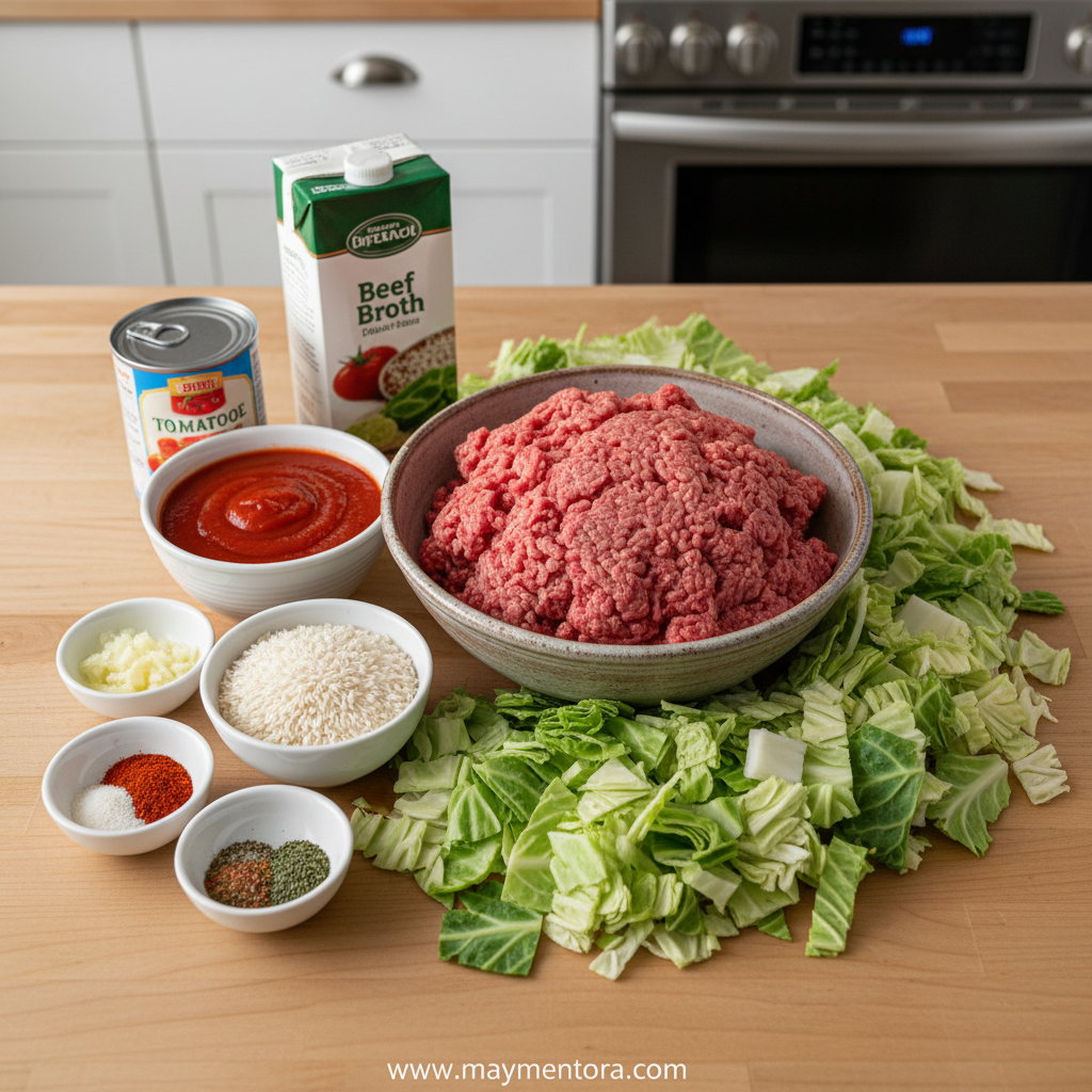Fresh ingredients for cabbage roll soup including cabbage, tomatoes, onions, and ground beef