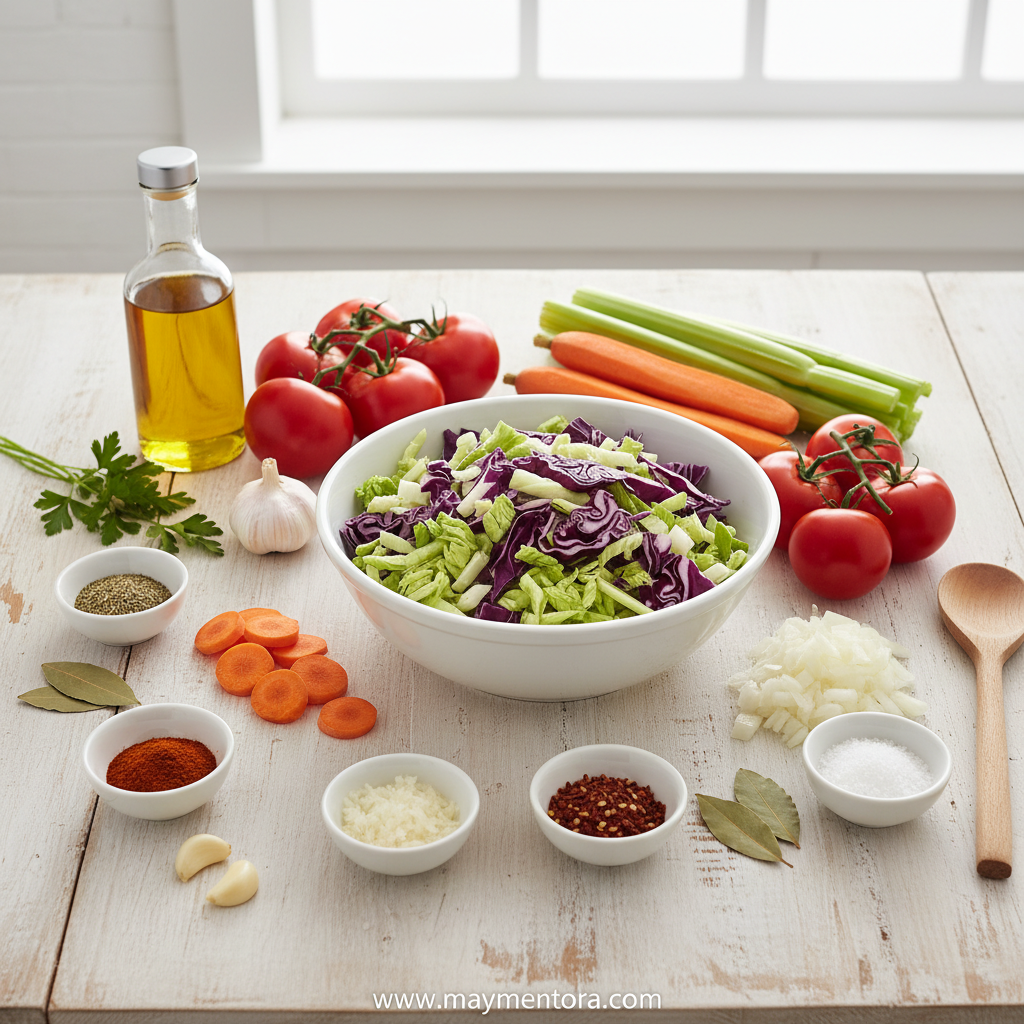 Fresh ingredients for cabbage soup including cabbage, carrots, celery, and tomatoes