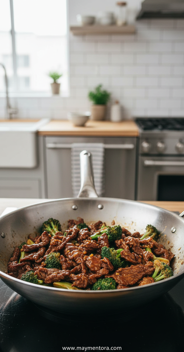 Delicious homemade beef and broccoli stir-fry in a pan