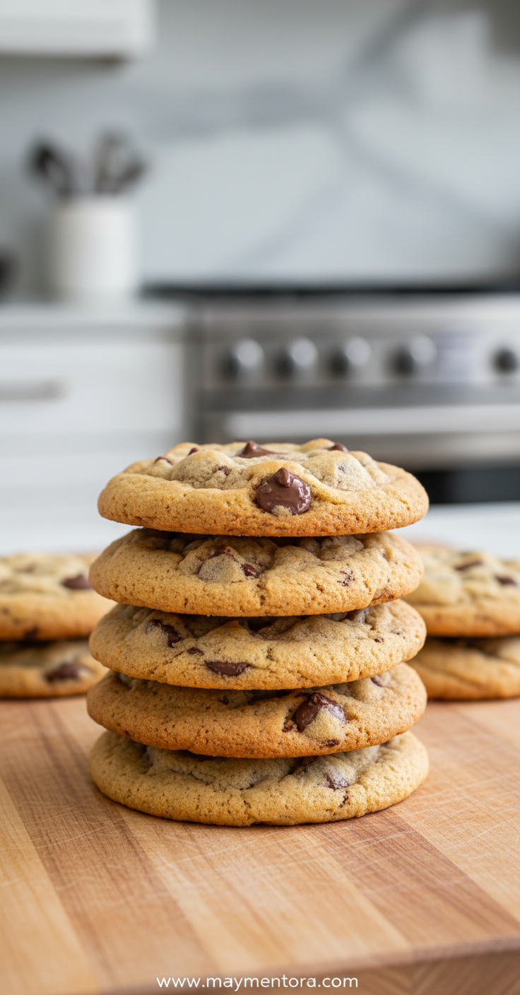 Freshly baked chocolate chip cookies with melted chocolate chips