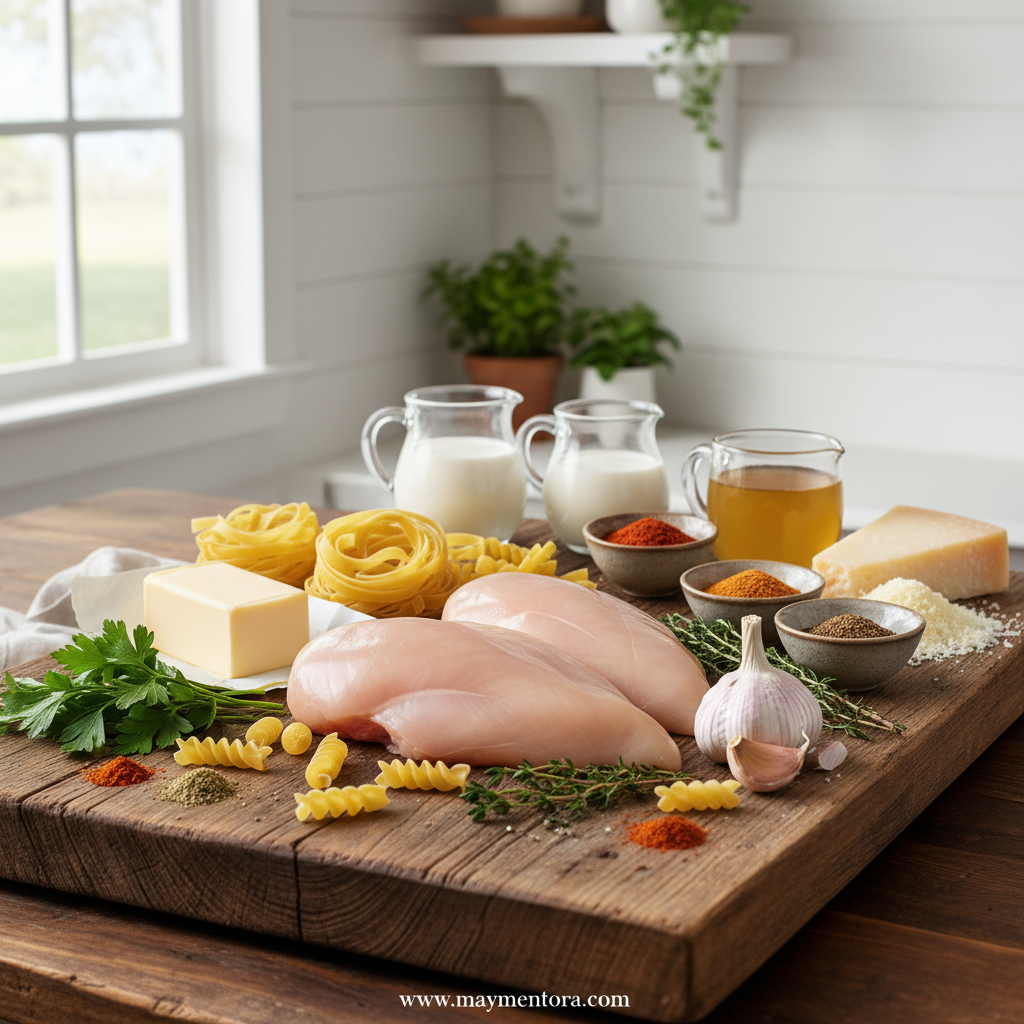 Fresh ingredients for cowboy butter chicken linguine including herbs, chicken, and pasta