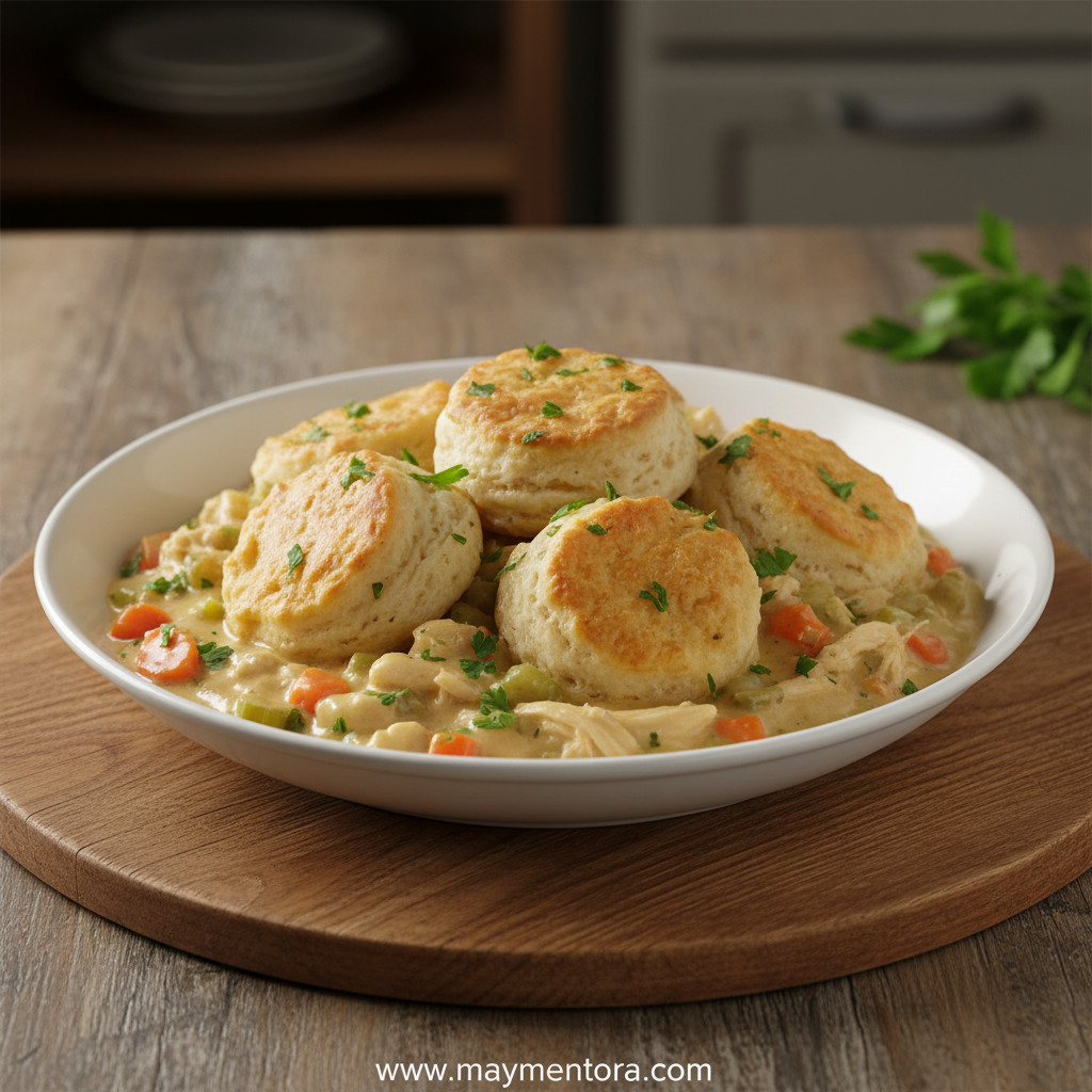 Finished bowl of creamy chicken and dumplings