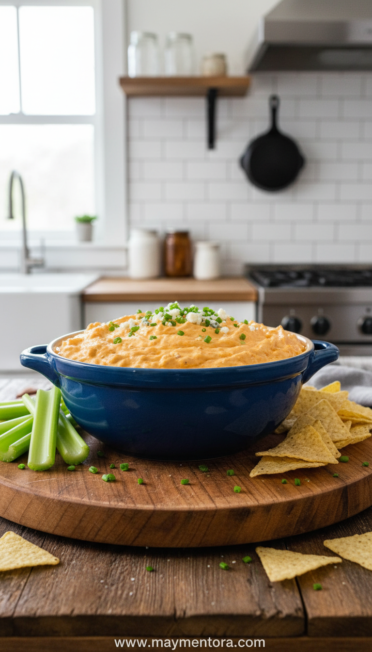 Creamy buffalo chicken dip in a crockpot surrounded by tortilla chips and celery sticks